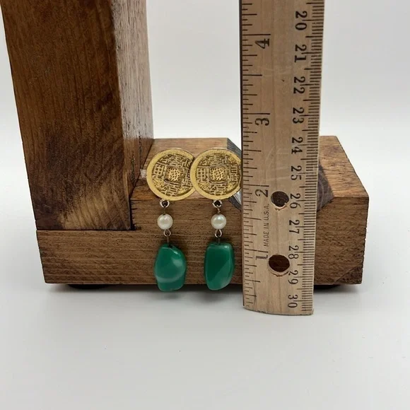 Vintage Kenneth Lane gold tone medallion faux pearl & jade dangly clip earrings